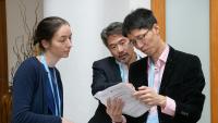 (Left to right) Anne-Catrin Uhleman, MD, PhD; Michael Yin, MD; and Ye Feng, PhD, at the 2018 symposium.